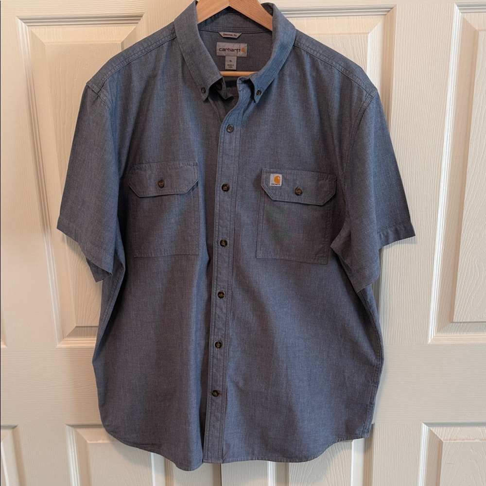 Men's Carhartt Ligt Denim Short Sleeved Button Up Shirt with Collar XL